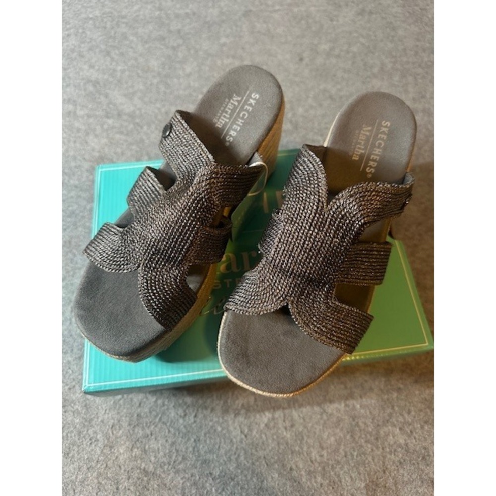 Skechers Martha Stewart Iris Unstoppable Gunmetal Metallic Jute Wedge Sandal 7